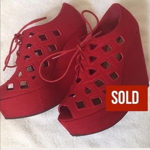 SOLD❗️Caged Red Suede Wedges with Lace Up Front